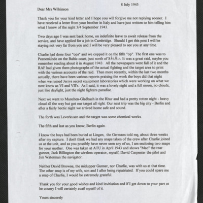 Letter to Mrs Wilkinson from Donald Flett