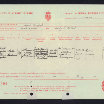 Peter Jenkinson copy birth certificate