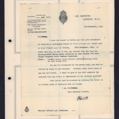 Letter to Philip Jenkinson from air ministry