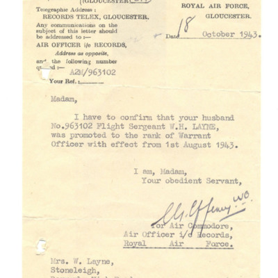 Letter to Wally Layne&#039;s wife from RAF records office
