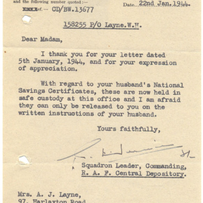 Letter to Wally Layne&#039;s wife from RAF central depository