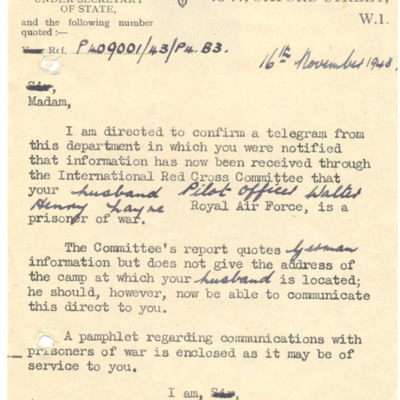 Letter to Wally Layne&#039;s wife from Air Ministry casualty branch