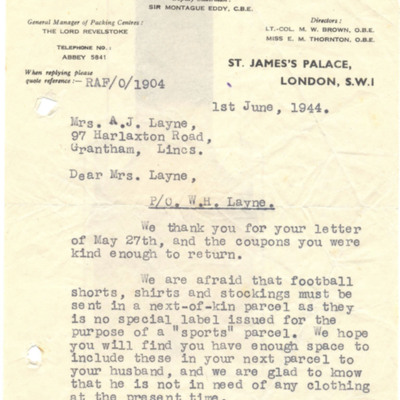 Letter to Wally Layne&#039;s wife from the Red Cross