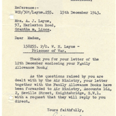 Letter to Wally Layne&#039;s wife from the RAF war casualties account department