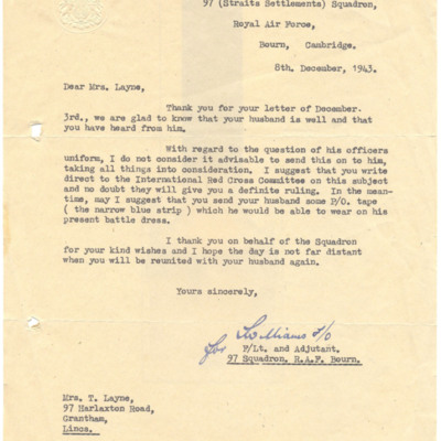 Letter to Wally Layne&#039;s wife from 97 Squadron adjutant
