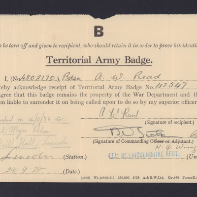 Receipt for issue and return of Territorial Army badge