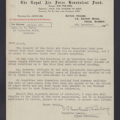 Letter to Aubrey Read&#039;s mother from the Royal Air Force Benevolent Fund