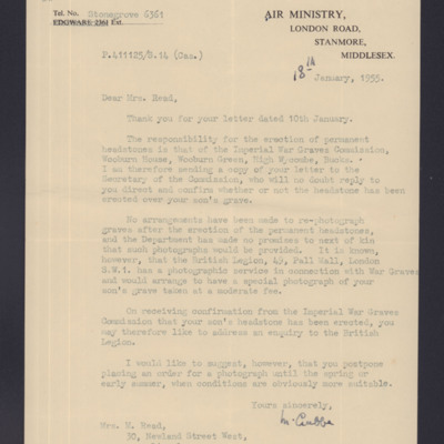 Letter to Aubrey Read&#039;s mother from the Air Ministry