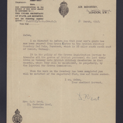 Letter from Air Ministry to Aubrey Read&#039;s mother