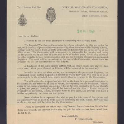 Letter to Aubrey Read&#039;s mother from the Imperial War Graves Commission