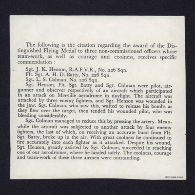 Citation for Distinguished Flying Medal for three members of 226 Squadron