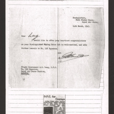 Letter from Donald Bennett to Alastair Lang and two newspaper cuttings