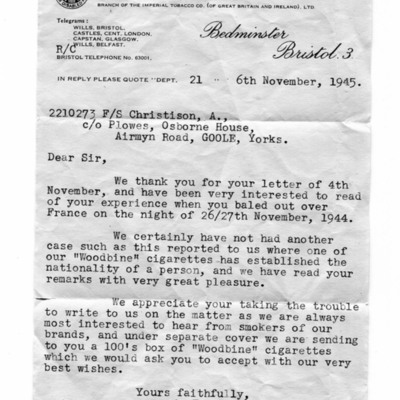 Letter to Sandy Christison from WD &amp; HO Wills