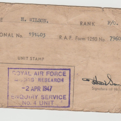 Royal Air Force missing research and enquiry service no 4 unit identity card
