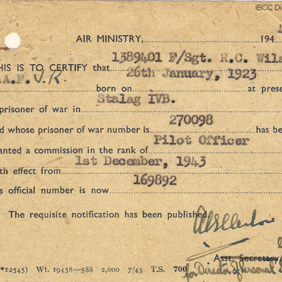 Reg Wilson&#039;s RAF prisoner of war card