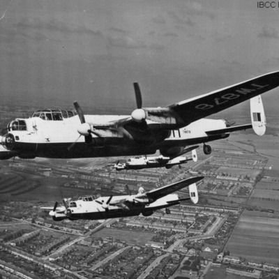 Three Lancasters in formation over Fairlop, Ilford, Essex