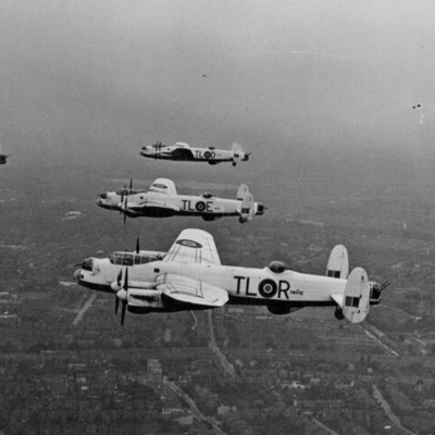 Five 35 Squadron Lancaster airborne