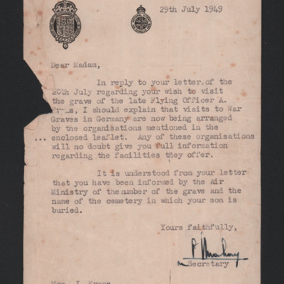 Letter to Albert Evans&#039; Mother from Imperial War Graves Commission