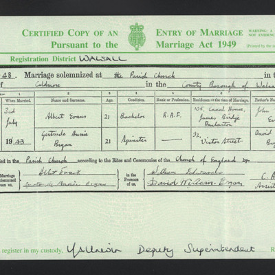 Albert Evans Copy of Marriage Certificate