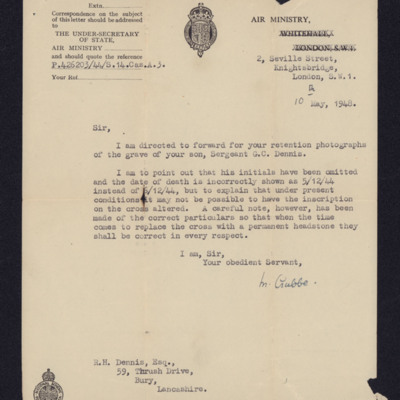 Letter to George Dennis&#039; Father from the Air Ministry
