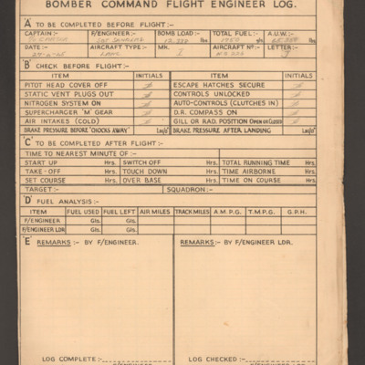 Bomber Command flight engineer log
