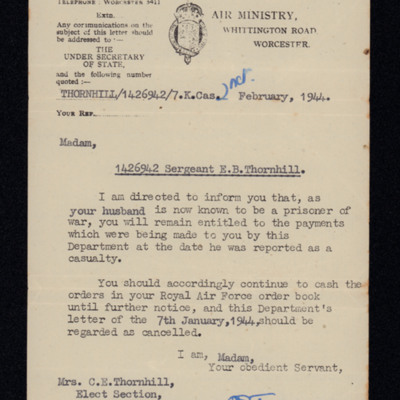 Letter to Ted Thornhill&#039;s Wife from Air Ministry