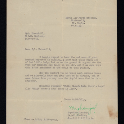 Letter to Ted Thornhill&#039;s wife, stationed at RAF Bitteswell, from a squadron leader at RAF Bitteswell
