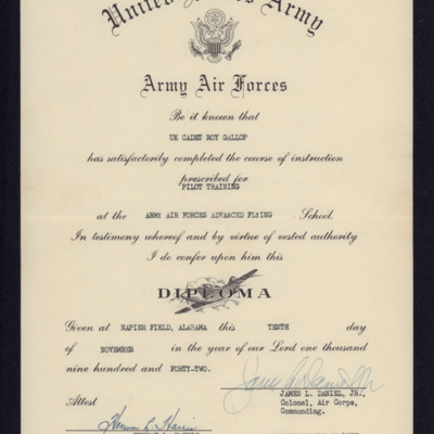 Roy Gallop&#039;s Certificate of Completion of Pilot Training