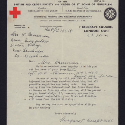 Red Cross letter to William&#039;s sister