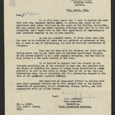 Letter to Mervyn Adder&#039;s father from OC 44 Squadron