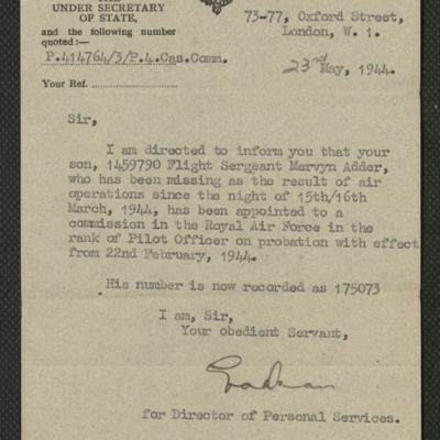 Letter to Mervyn Adder&#039;s father from the Air Ministry