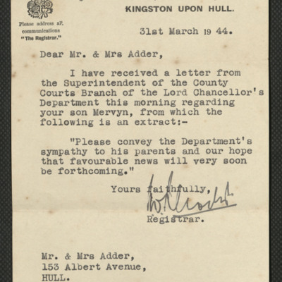 Letter to Mervyn Adder&#039;s parents from Kingston upon Hull County Court