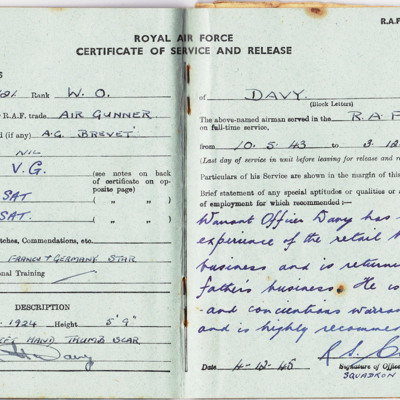 Herbert Davy RAF Certificate of Service and Release