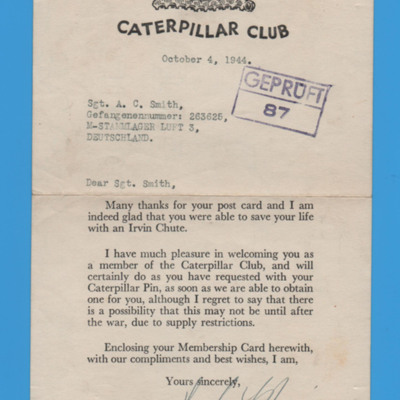 Letter to Allan Smith from the Caterpillar Club