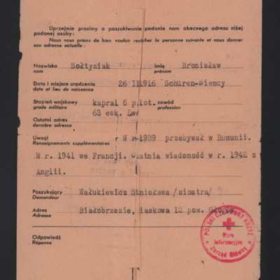 Bronislaw Soltysiak - Polish Red Cross card