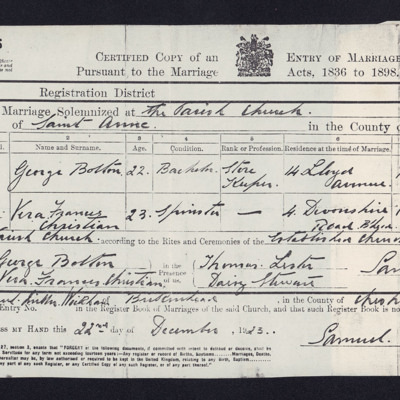 George Bolton and Vera Christian&#039;s Marriage Certificate
