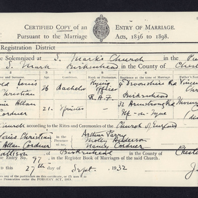 Arnold Christian and Catherine Cordner&#039;s Marriage Certificate