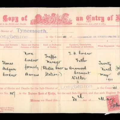Catherine Cordner&#039;s Birth Certificate