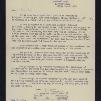 Letter to Vera Gill from OC 617 Squadron