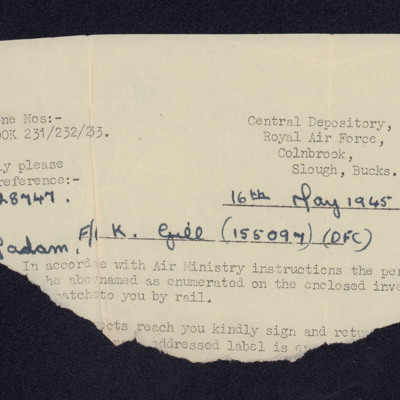 Part of letter from RAF central depository