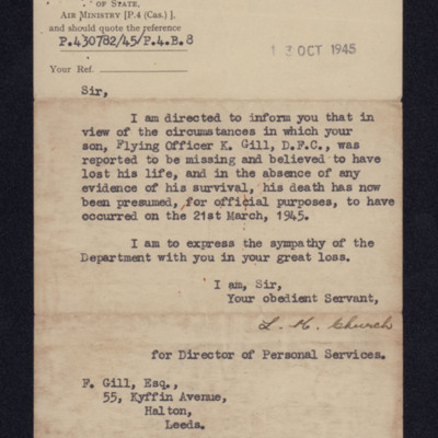Letter to Kenneth Gill&#039;s father from air ministry