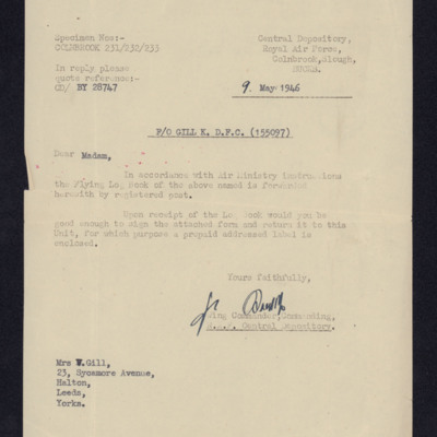 Letter to Vera Gill from RAF central depository