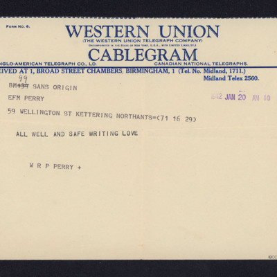 Telegram to EPM Perry from Pete Perry