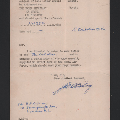 Letter to Herbert O&#039;Hara from Air Ministry enclosing certificate of service and release