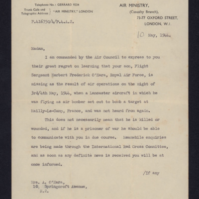 Letter from the Air ministry casualty branch to Herbert O’Hara’s mother