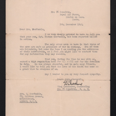 Letter to Norman Gorfunkle&#039;s Mother from 76 Squadron