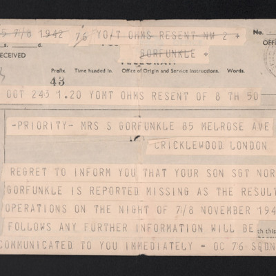 Telegram to Norman Gorfunkle&#039;s Mother from 76 Squadron