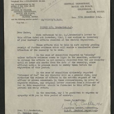 Kenneth J Broderick personal effects letter