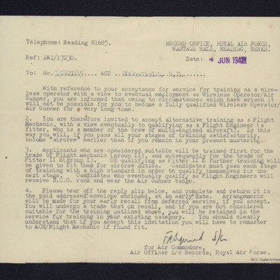Letter to Harold Wakefield from RAF records office