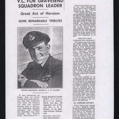 Newspaper cutting - V.C. for Gravesend Squadron Leader